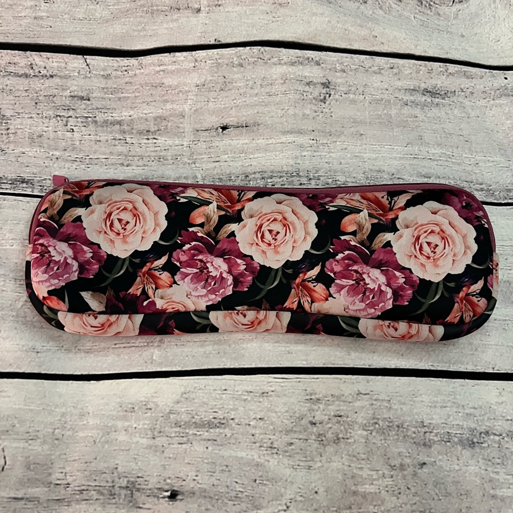 MyTagalongs Black Pink Neoprene Bag Curling Iron Makeup Roses Print 14" x 4.5"